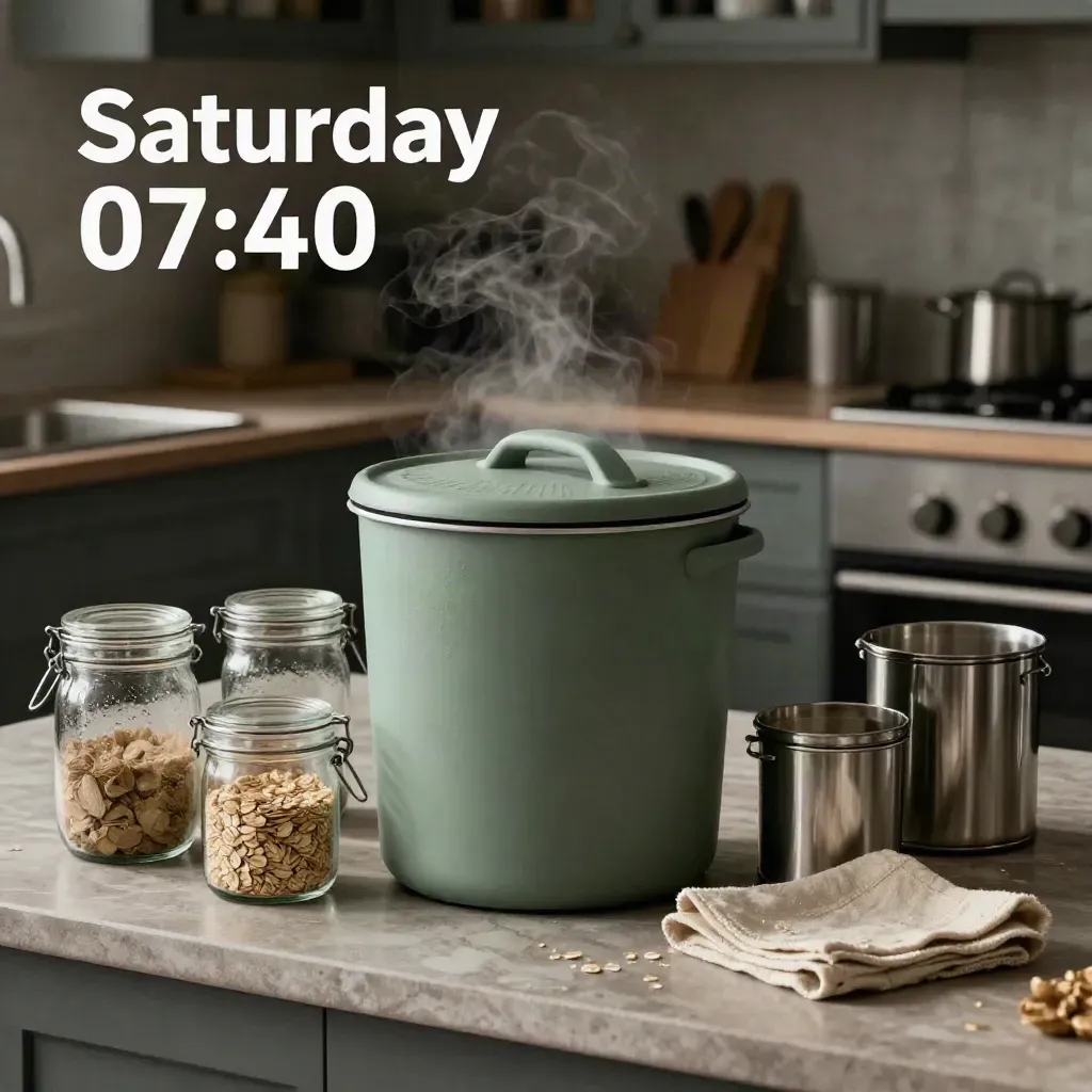 Compostcaddy met voorraadpotten, metalen bakjes en linnen doek in een mistige Nederlandse keuken.