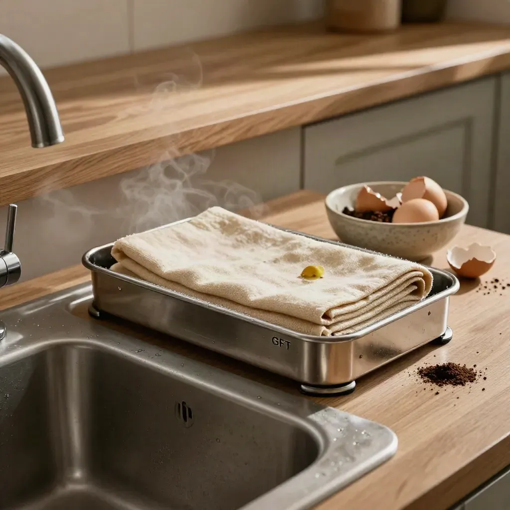 Schone GFT-caddy naast de gootsteen met schillen, koffiedik, eierschalen en warme stoom.