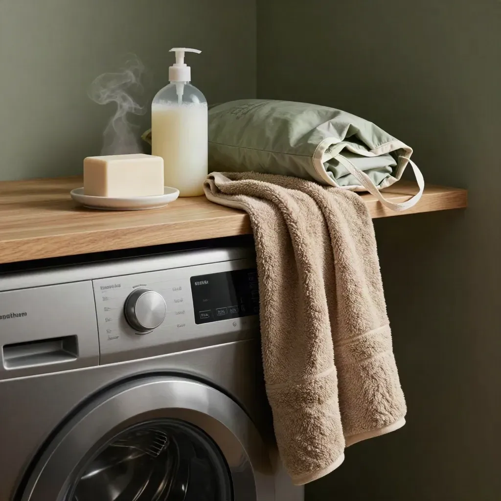 Wasmiddelblok, navulfles, waszak en opgerolde handdoeken naast de wasmachine met lichte stoom.