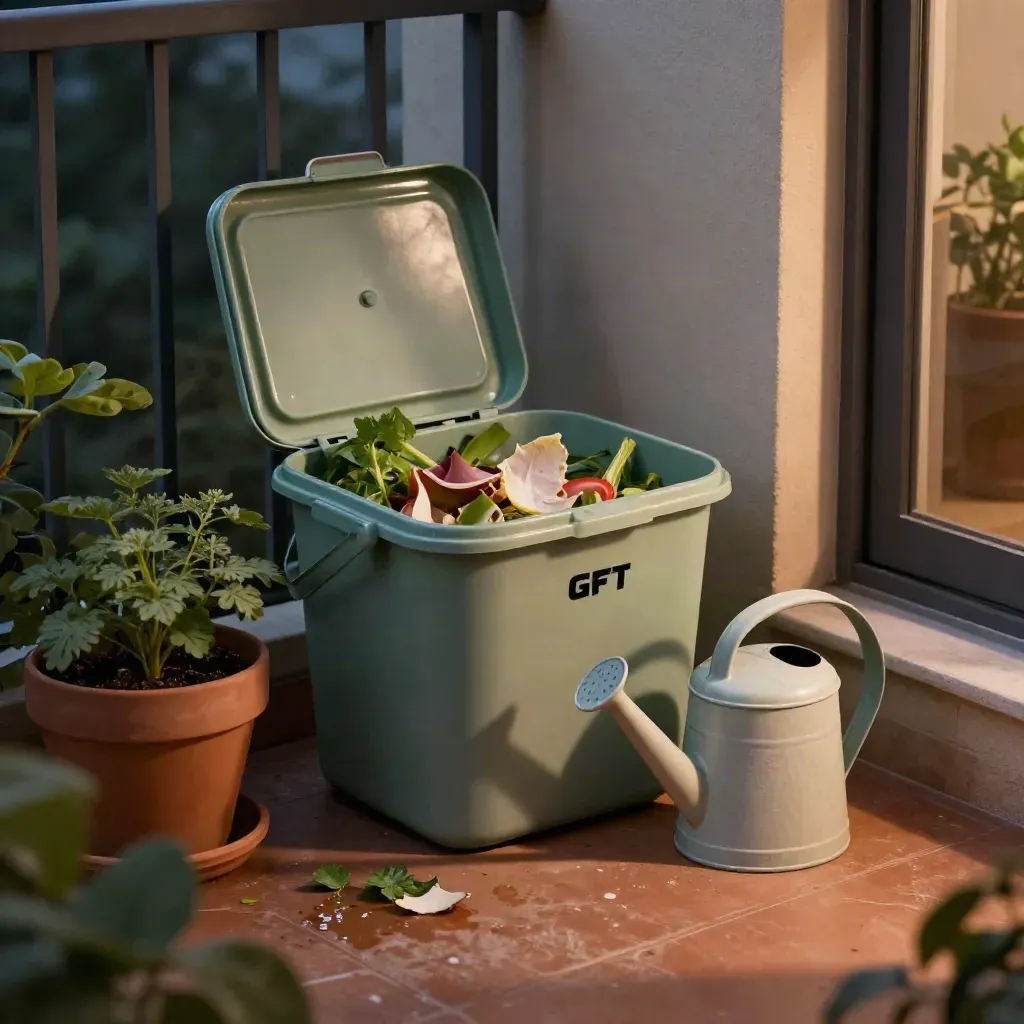 GFT-bakje op balkon naast planten en gieter in terracotta avondlicht