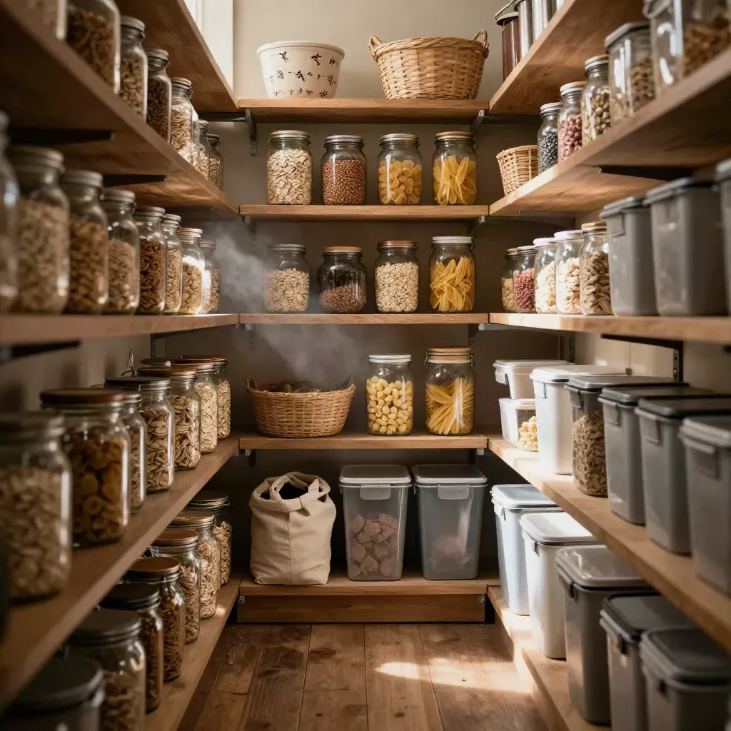 Diepe voorraadkast met glazen potten, manden, broodzak en herbruikbare bakken in warm zijlicht.