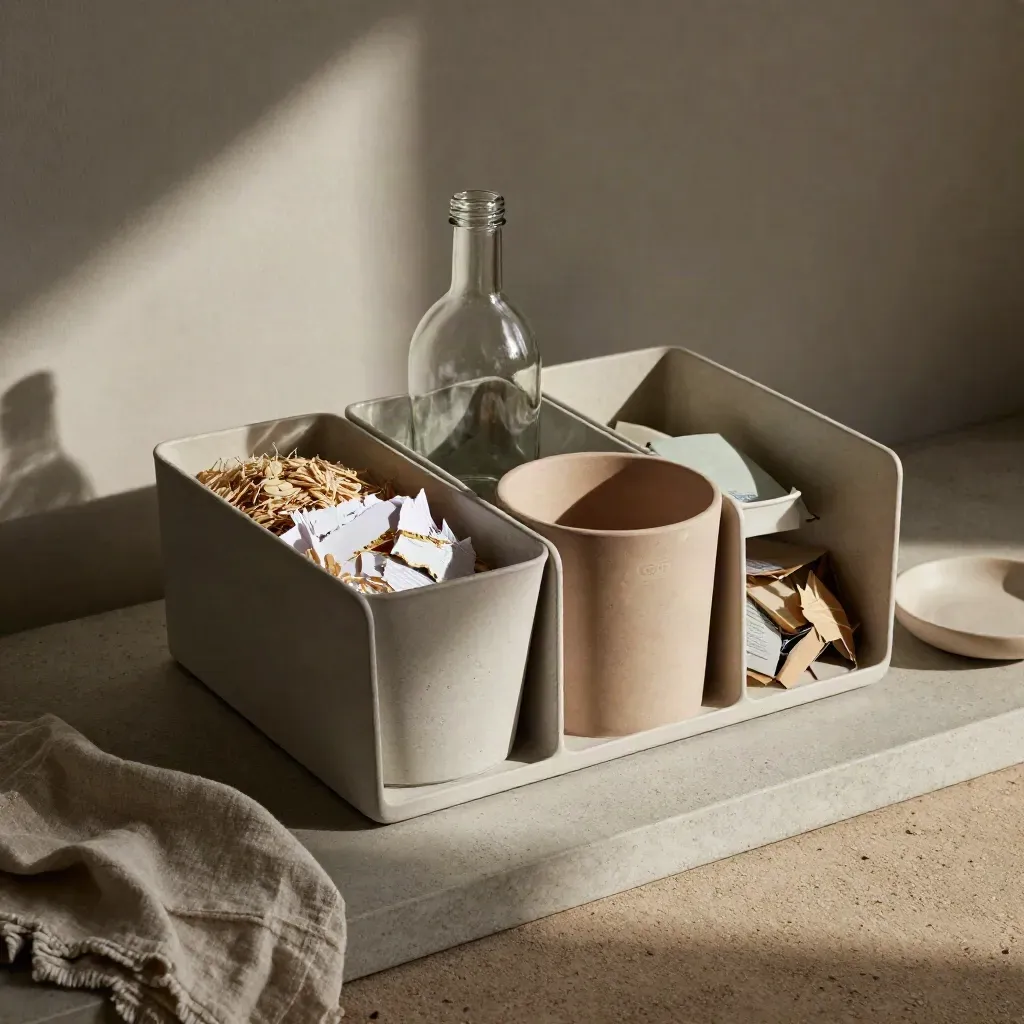 Bovenaanzicht van een vierdelige sorteerbak met papier, glas, GFT en rest op een stenen tray.