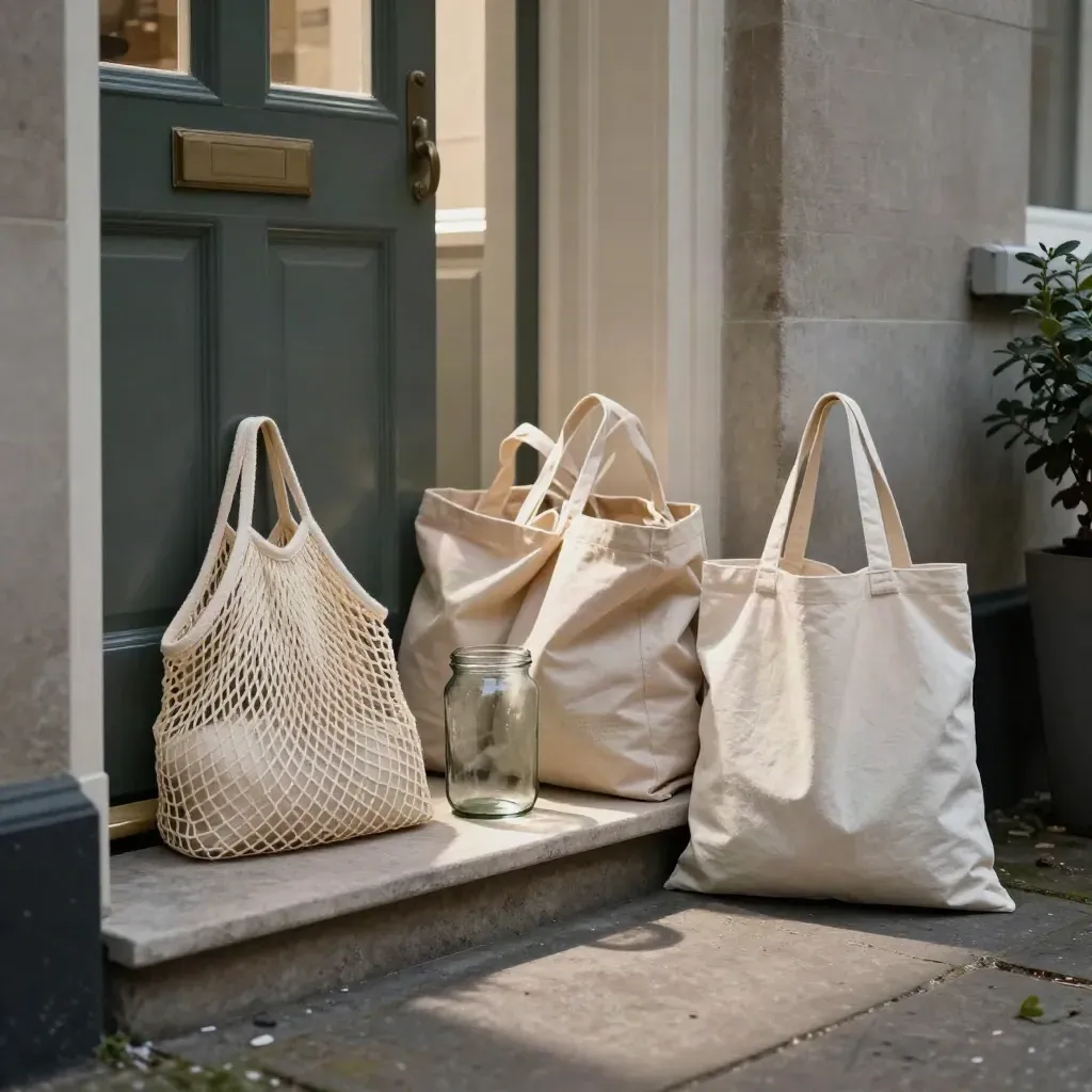 Plasticvrije boodschappenset bij de voordeur met netzak, katoenen zakjes, glazen pot en canvas tas.